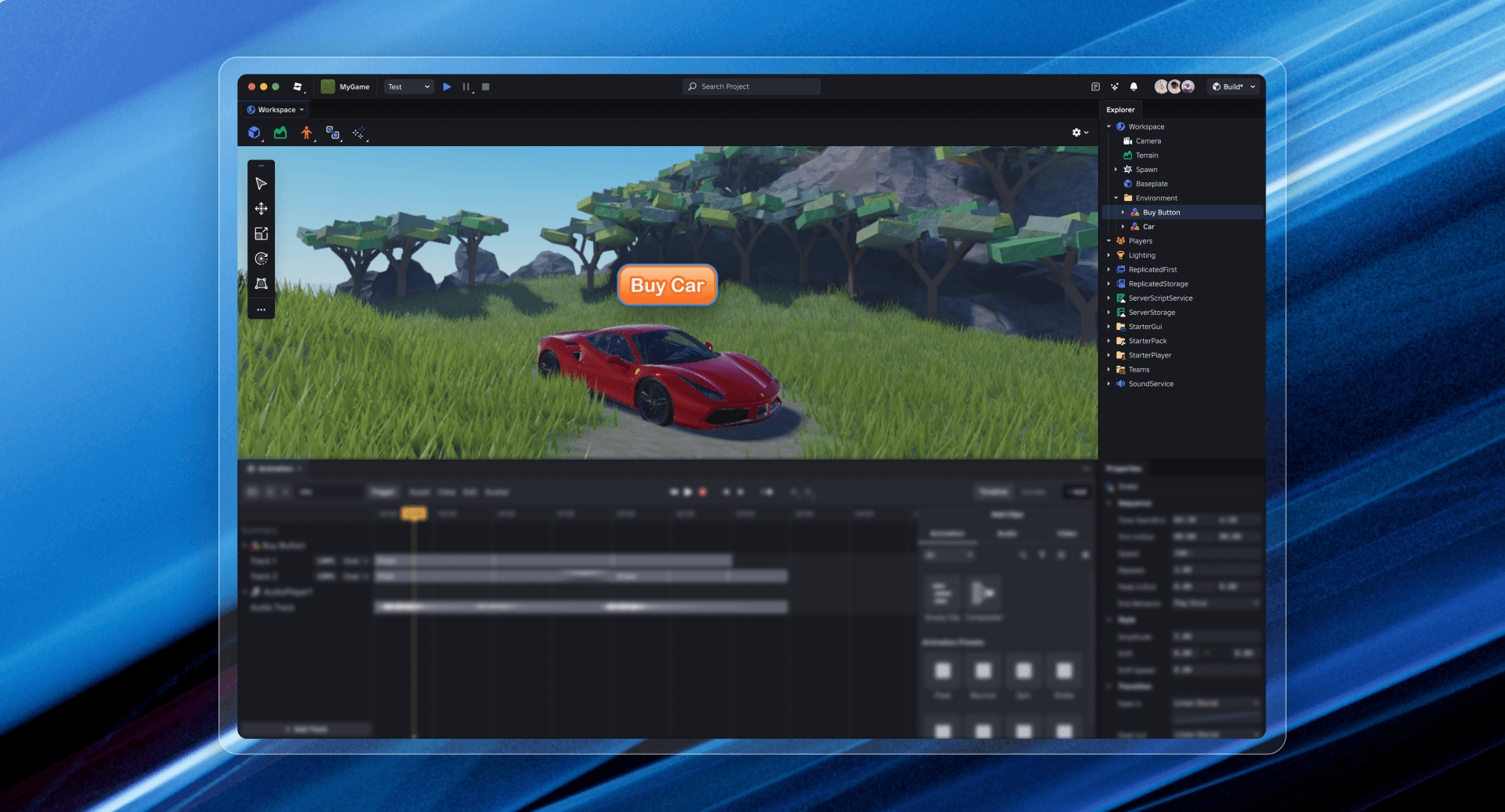 Roblox Studio animation editor showing a red sports car in a grassy environment with a 'Buy Car' button and an animation timeline panel below.
