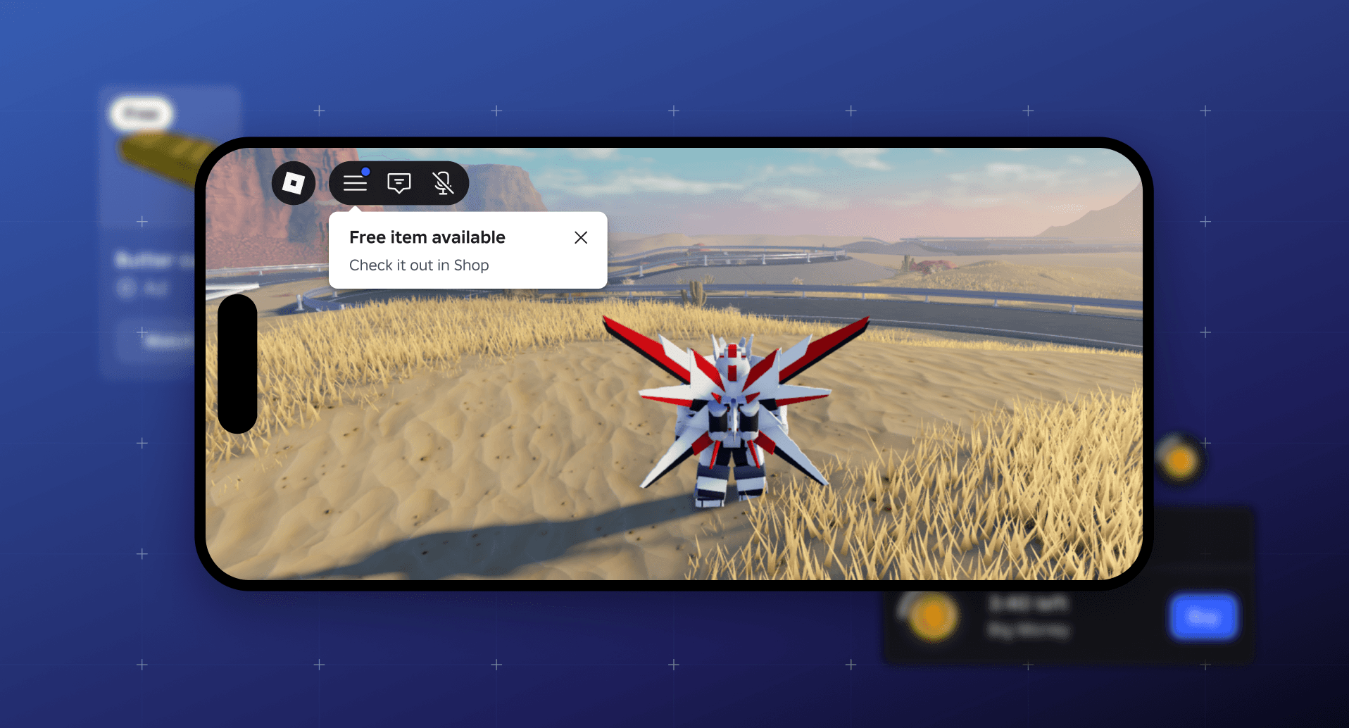 Roblox mobile experience showing an avatar with mecha-style wings and a 'Free item available' notification prompting the player to check the Shop.